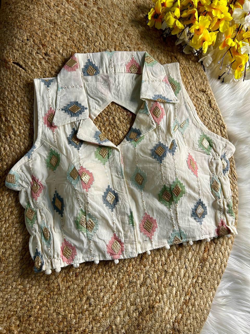 pure khadi cotton with heavy embroidery work blouse